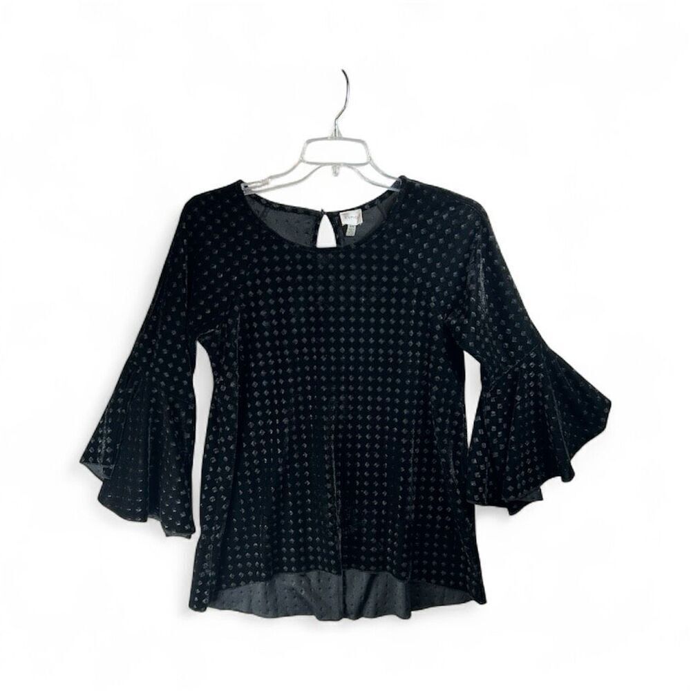 Cupio Black Velvet Bell Sleeve Blouse | Keyhole Back | Stretchy Holiday Top M